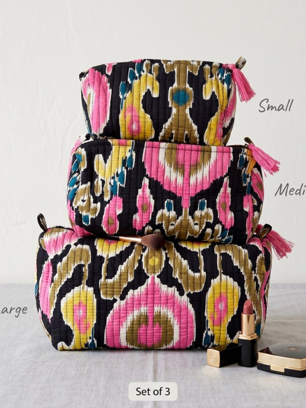 Set Of 3 Block Print Toiletry Bags, Cotton Makeup Bag, Cosmetic Bag Set Gift
